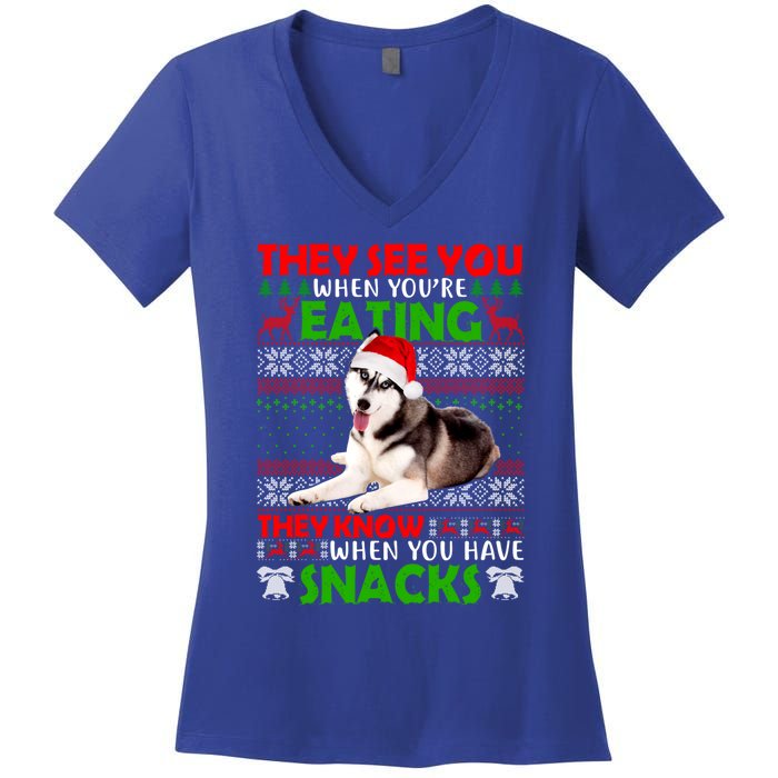 They See You When You're Eating Siberian Husky Ugly Xmas Cool Gift Women's V-Neck T-Shirt