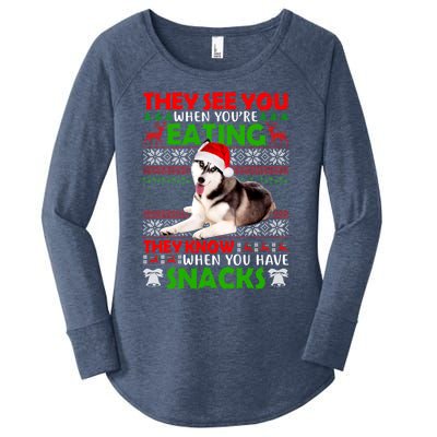 They See You When You're Eating Siberian Husky Ugly Xmas Cool Gift Women's Perfect Tri Tunic Long Sleeve Shirt