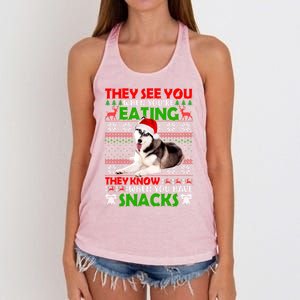 They See You When You're Eating Siberian Husky Ugly Xmas Cool Gift Women's Knotted Racerback Tank