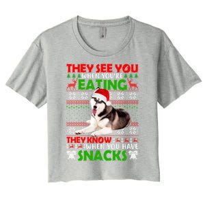 They See You When You're Eating Siberian Husky Ugly Xmas Cool Gift Women's Crop Top Tee