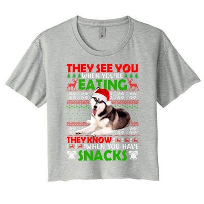 They See You When You're Eating Siberian Husky Ugly Xmas Cool Gift Women's Crop Top Tee