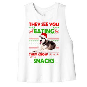 They See You When You're Eating Siberian Husky Ugly Xmas Cool Gift Women's Racerback Cropped Tank