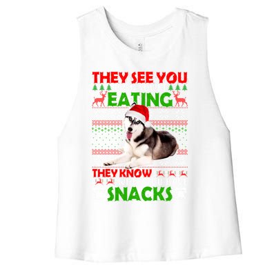 They See You When You're Eating Siberian Husky Ugly Xmas Cool Gift Women's Racerback Cropped Tank