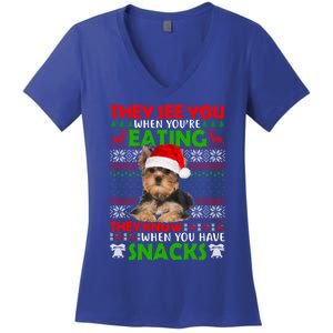 They See You When You're Eating Yorkshire Terrier Ugly Xmas Cool Gift Women's V-Neck T-Shirt