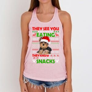 They See You When You're Eating Yorkshire Terrier Ugly Xmas Cool Gift Women's Knotted Racerback Tank