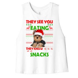 They See You When You're Eating Yorkshire Terrier Ugly Xmas Cool Gift Women's Racerback Cropped Tank