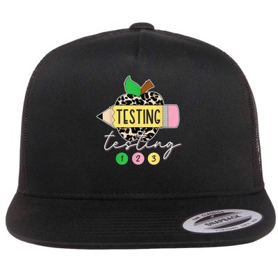 Testing Testing 123 Leopard Test Day For Teachers Students Flat Bill Trucker Hat