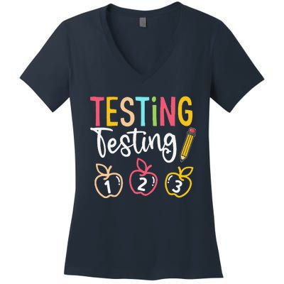 Testing Testing 123 Cute Rock The Test Day Teacher Student Women's V-Neck T-Shirt