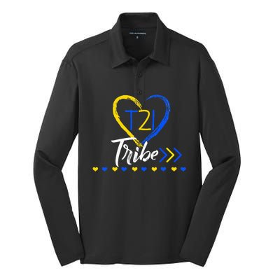 t21 Tribe 21 World Down Syndrome Awareness Day Heart Silk Touch Performance Long Sleeve Polo