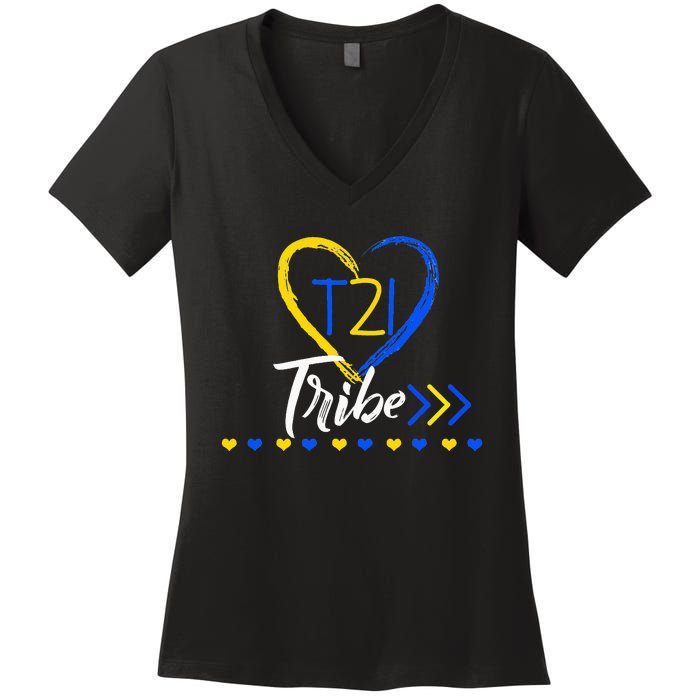 t21 Tribe 21 World Down Syndrome Awareness Day Heart Women's V-Neck T-Shirt