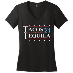 Tacos & Tequila 24 Funny Presidential Election 2024 Parody Women's V-Neck T-Shirt