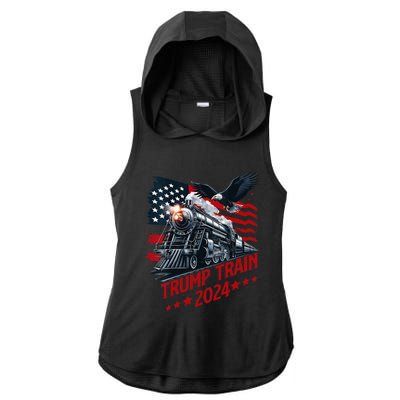 Trump Train 2024 Patriotic Eagle American Flag Ladies PosiCharge Tri-Blend Wicking Draft Hoodie Tank