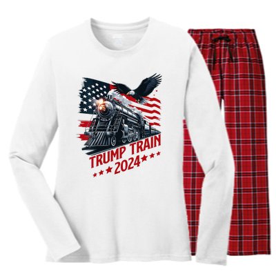 Trump Train 2024 Patriotic Eagle American Flag Women's Long Sleeve Flannel Pajama Set 