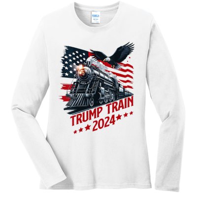 Trump Train 2024 Patriotic Eagle American Flag Ladies Long Sleeve Shirt