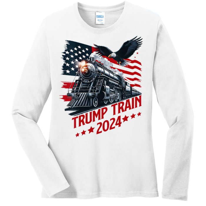 Trump Train 2024 Patriotic Eagle American Flag Ladies Long Sleeve Shirt