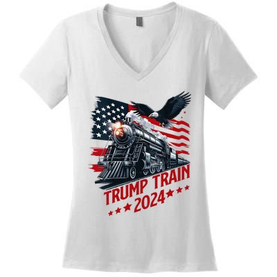 Trump Train 2024 Patriotic Eagle American Flag Women's V-Neck T-Shirt