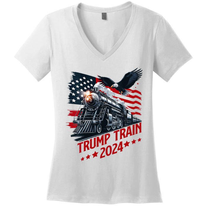 Trump Train 2024 Patriotic Eagle American Flag Women's V-Neck T-Shirt