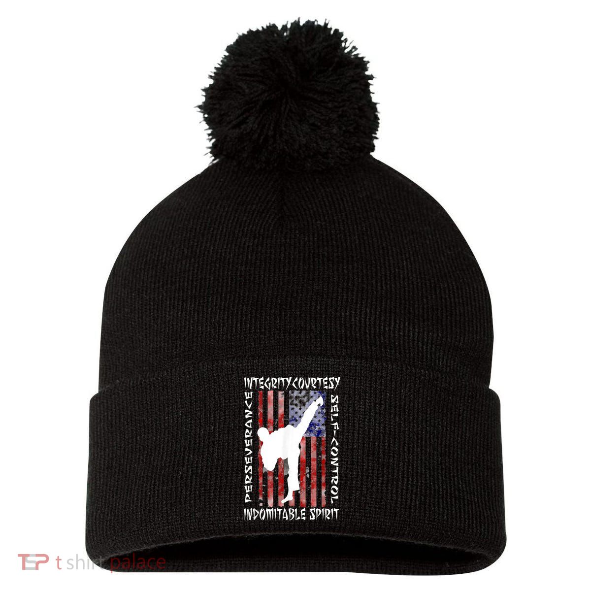 Taekwondo TKD 5 Tenets Taekwondo Martial Arts Kick White Pom Pom 12in Knit Beanie