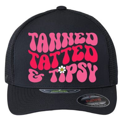 Tanned Tatted and Tipsy Groovy Retro Floral Vibes Summer Flexfit Unipanel Trucker Cap