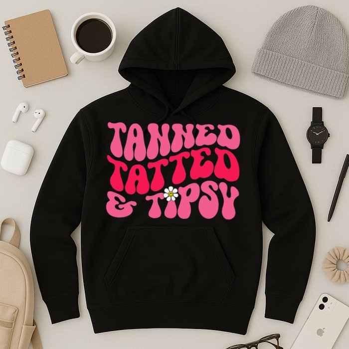 Tanned Tatted and Tipsy Groovy Retro Floral Vibes Summer Hoodie