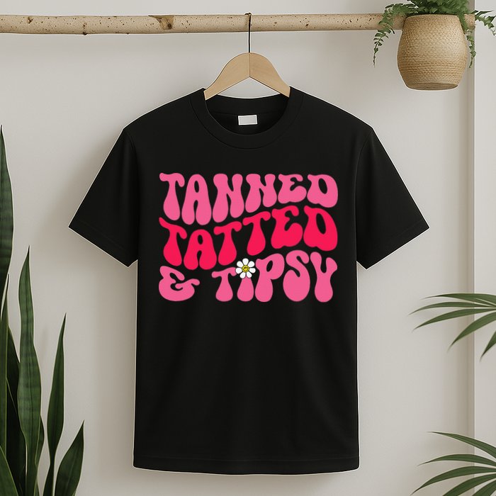 Tanned Tatted and Tipsy Groovy Retro Floral Vibes Summer T-Shirt