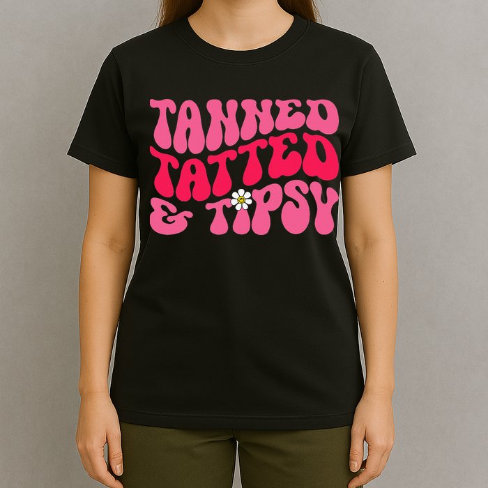 Tanned Tatted and Tipsy Groovy Retro Floral Vibes Summer T-Shirt