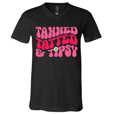 Tanned Tatted and Tipsy Groovy Retro Floral Vibes Summer V-Neck T-Shirt
