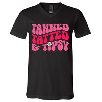 Tanned Tatted and Tipsy Groovy Retro Floral Vibes Summer V-Neck T-Shirt