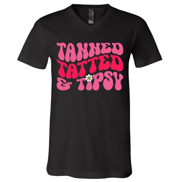Tanned Tatted and Tipsy Groovy Retro Floral Vibes Summer V-Neck T-Shirt