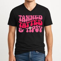 Tanned Tatted and Tipsy Groovy Retro Floral Vibes Summer V-Neck T-Shirt
