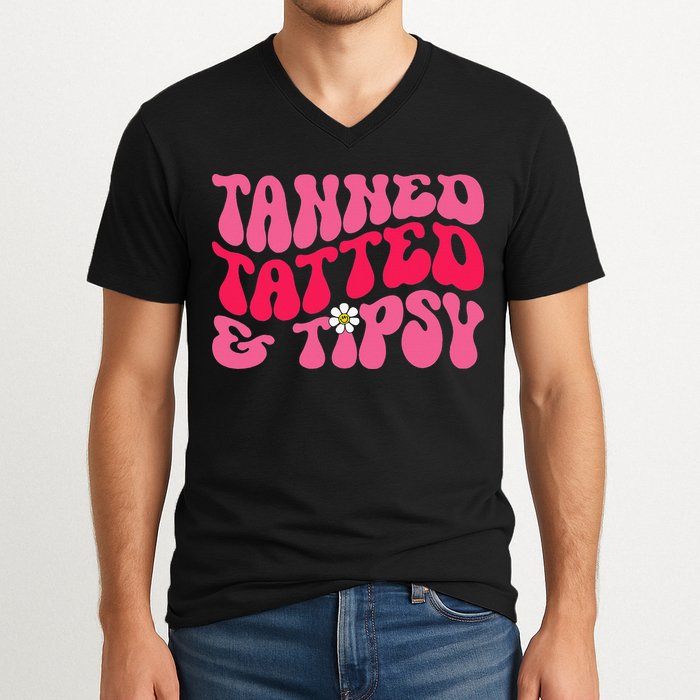 Tanned Tatted and Tipsy Groovy Retro Floral Vibes Summer V-Neck T-Shirt