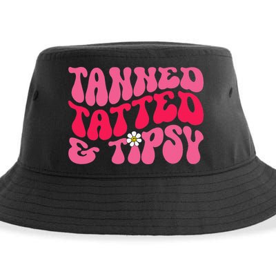 Tanned Tatted and Tipsy Groovy Retro Floral Vibes Summer Sustainable Bucket Hat