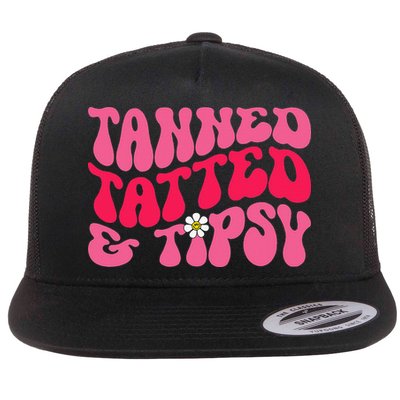 Tanned Tatted and Tipsy Groovy Retro Floral Vibes Summer Flatbill Hat
