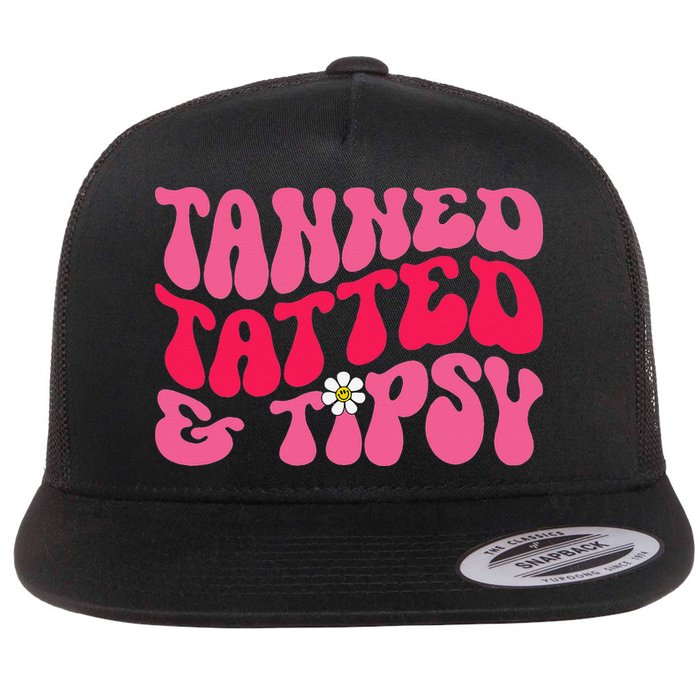 Tanned Tatted and Tipsy Groovy Retro Floral Vibes Summer Flatbill Hat