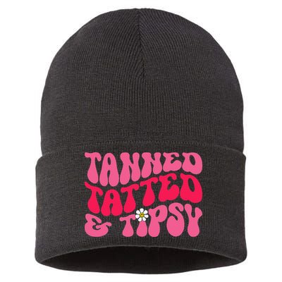 Tanned Tatted and Tipsy Groovy Retro Floral Vibes Summer Sustainable Knit Beanie