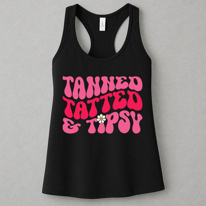 Tanned Tatted and Tipsy Groovy Retro Floral Vibes Summer Womens Tank Top
