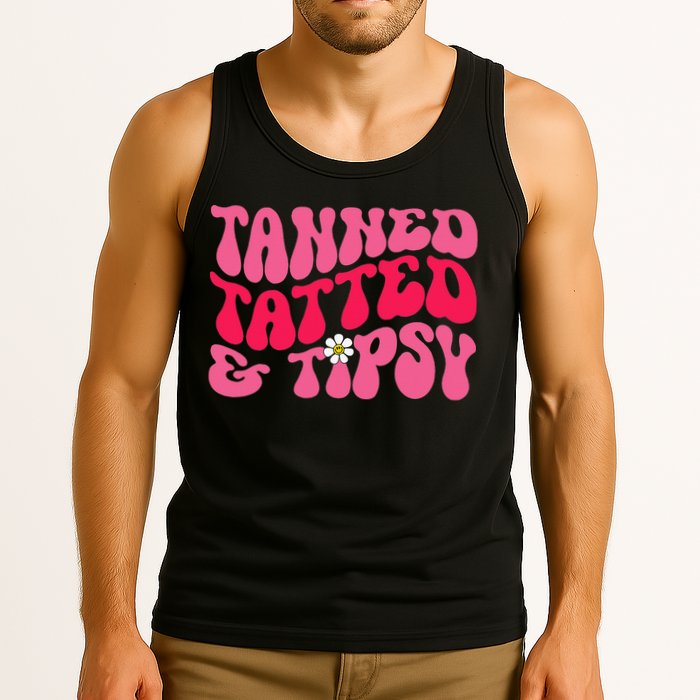 Tanned Tatted and Tipsy Groovy Retro Floral Vibes Summer Tank Top