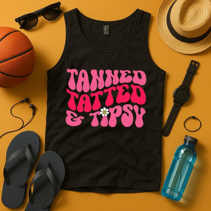 Tanned Tatted and Tipsy Groovy Retro Floral Vibes Summer Tank Top