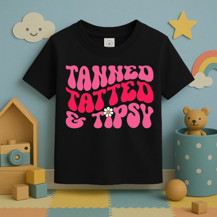 Tanned Tatted and Tipsy Groovy Retro Floral Vibes Summer Toddler T-Shirt