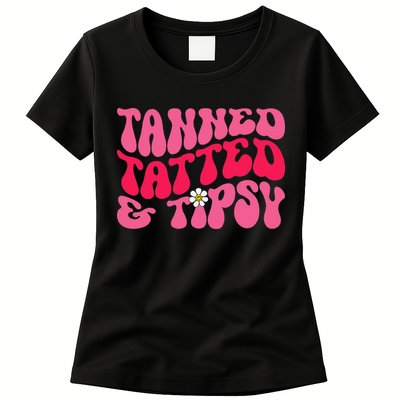 Tanned Tatted and Tipsy Groovy Retro Floral Vibes Summer Womens T-Shirt