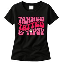 Tanned Tatted and Tipsy Groovy Retro Floral Vibes Summer Womens T-Shirt