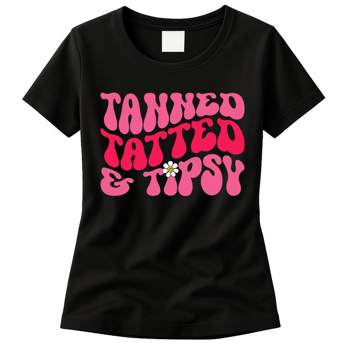 Tanned Tatted and Tipsy Groovy Retro Floral Vibes Summer Womens T-Shirt