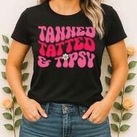Tanned Tatted and Tipsy Groovy Retro Floral Vibes Summer Womens T-Shirt