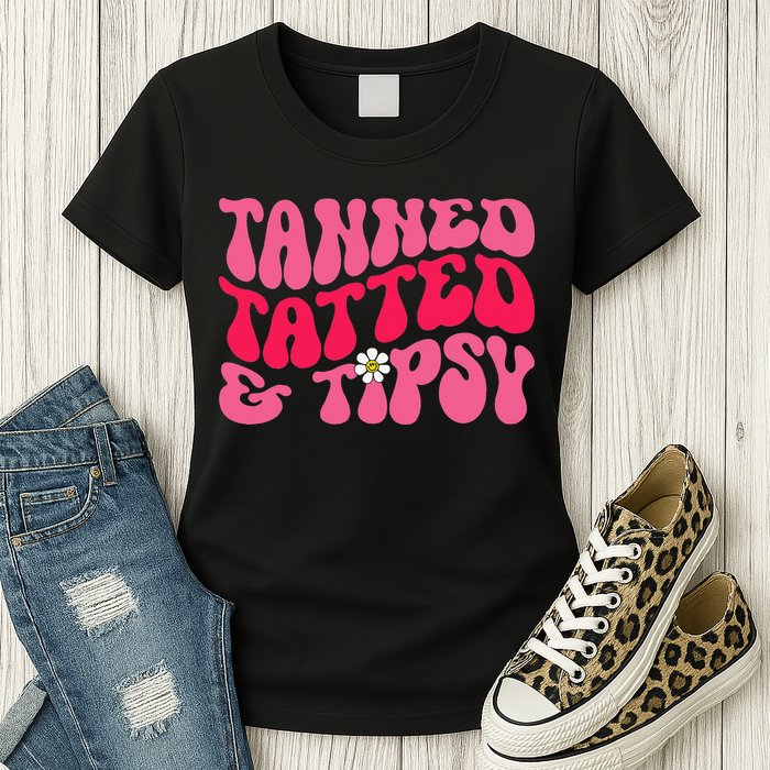 Tanned Tatted and Tipsy Groovy Retro Floral Vibes Summer Womens T-Shirt