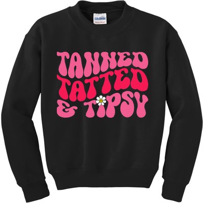 Tanned Tatted and Tipsy Groovy Retro Floral Vibes Summer Kids Sweatshirt