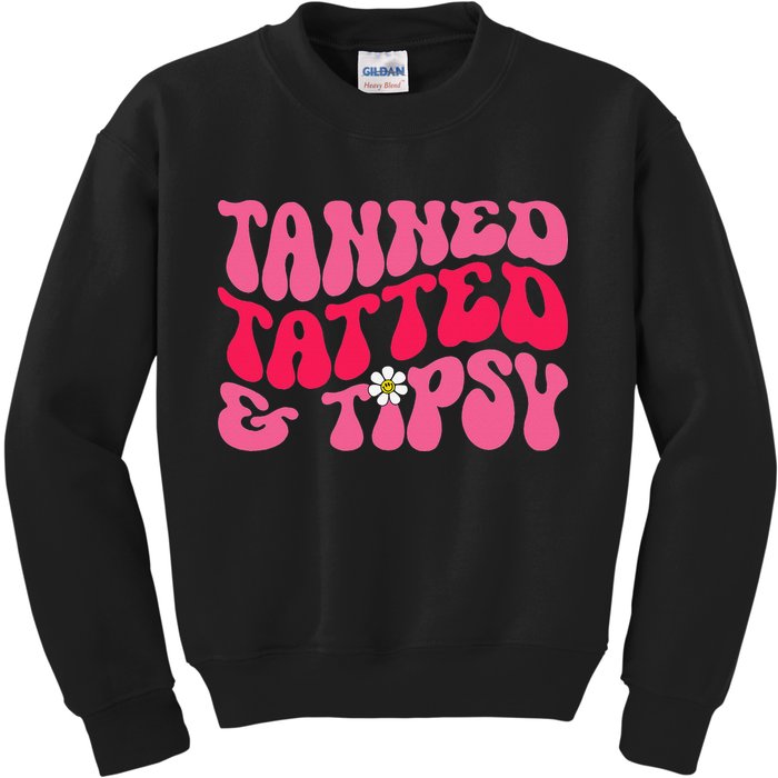 Tanned Tatted and Tipsy Groovy Retro Floral Vibes Summer Kids Sweatshirt