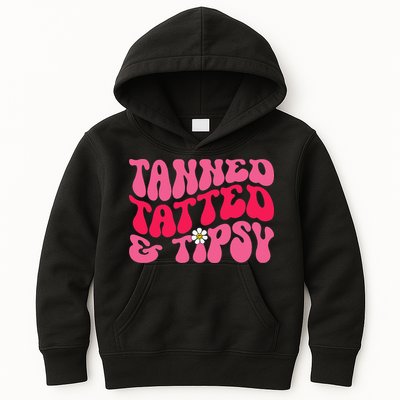 Tanned Tatted and Tipsy Groovy Retro Floral Vibes Summer Kids Hoodie