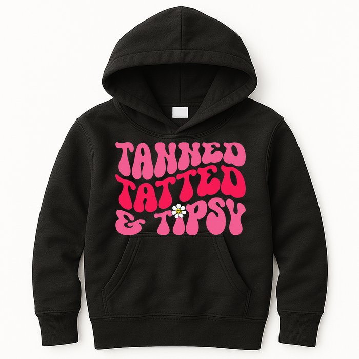 Tanned Tatted and Tipsy Groovy Retro Floral Vibes Summer Kids Hoodie