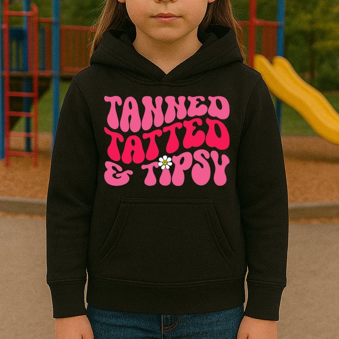 Tanned Tatted and Tipsy Groovy Retro Floral Vibes Summer Kids Hoodie
