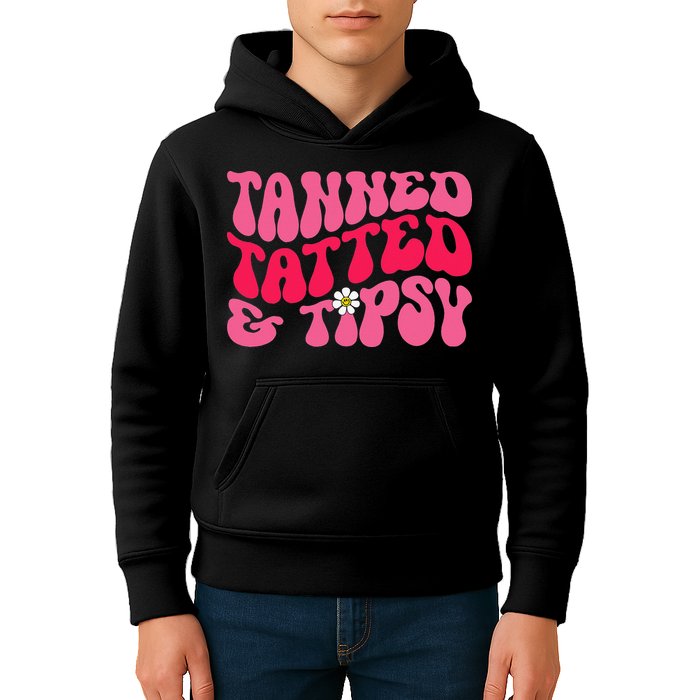 Tanned Tatted and Tipsy Groovy Retro Floral Vibes Summer Kids Hoodie